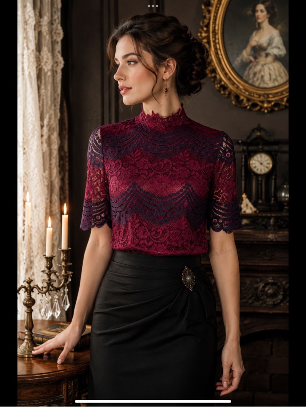 It Girl Burgundy Lace Mock Neck Wedding Guest Top Size M